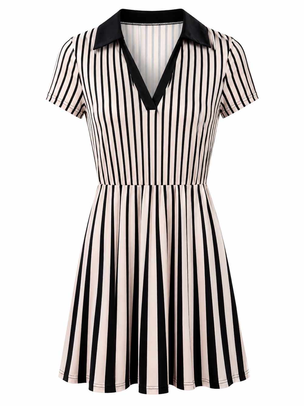 Striped Short-Sleeve Collared Dress With Black & White Vertical Pattern